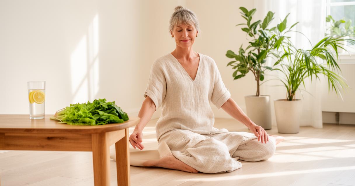Femme ménopausée pratiquant la méditation et adoptant une alimentation équilibrée