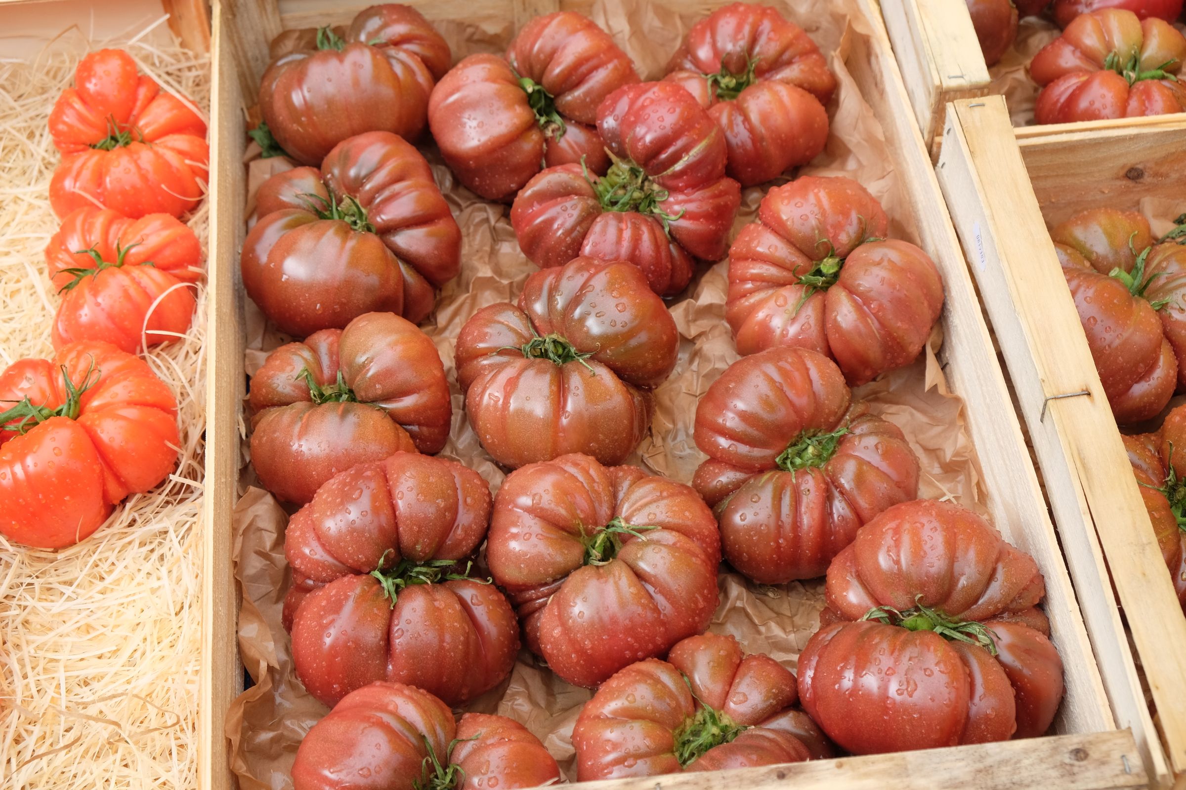 Tomates mûres présentées dans une cagette en bois