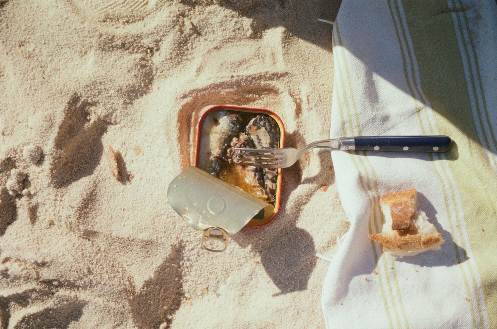 Une boite de sardines à l’huile ouverte sur un plat avec une tranche de pain